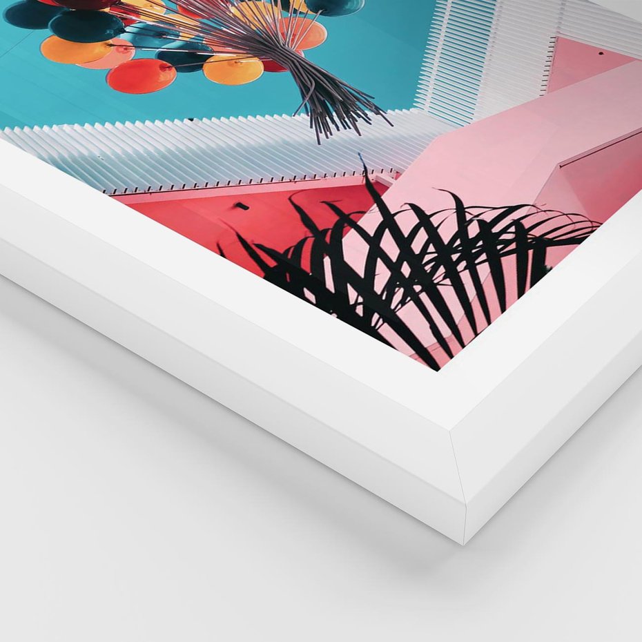 Plakat w ramie 50x70 - Kolorowe Balony Pod Niebem - kolorowe balony na tle niebieskiego nieba - rama biała