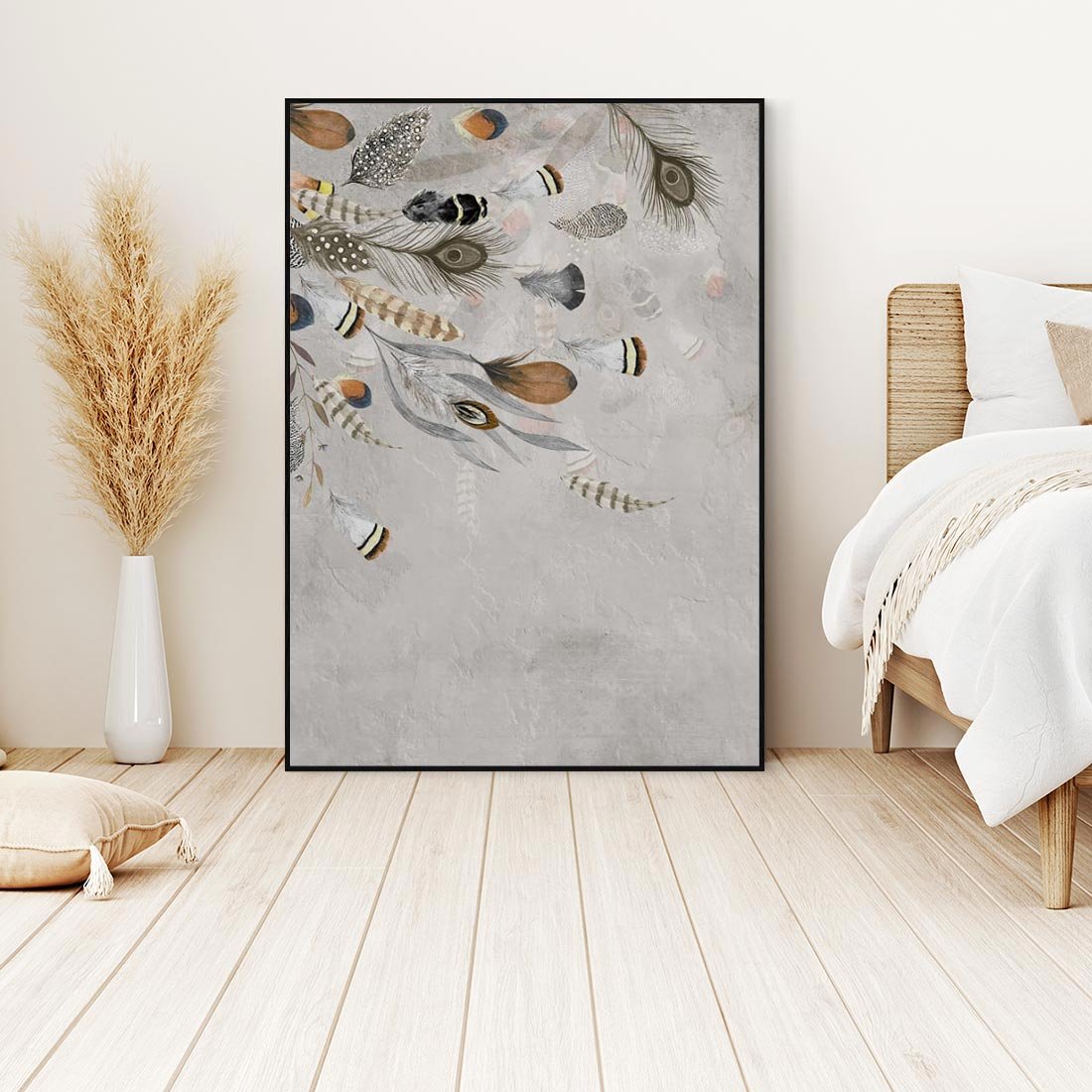 Obraz w ramie 70x100 - Sploty losu na płótnie - kompozycja boho piór, indiańskie pióra - rama czarna