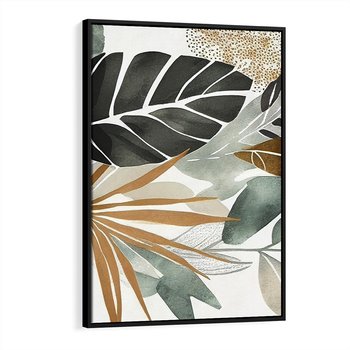 Obraz w ramie 70x100 - Współbrzmienie wewnętrznego ja - kompozycja z tropikalnych liści, stonowane kolory - rama czarna