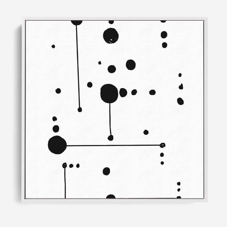 Obraz w ramie 80x80 - Nocne Zawirowania - abstrakcyjny plakat, czarne kropki i kreski - rama biała