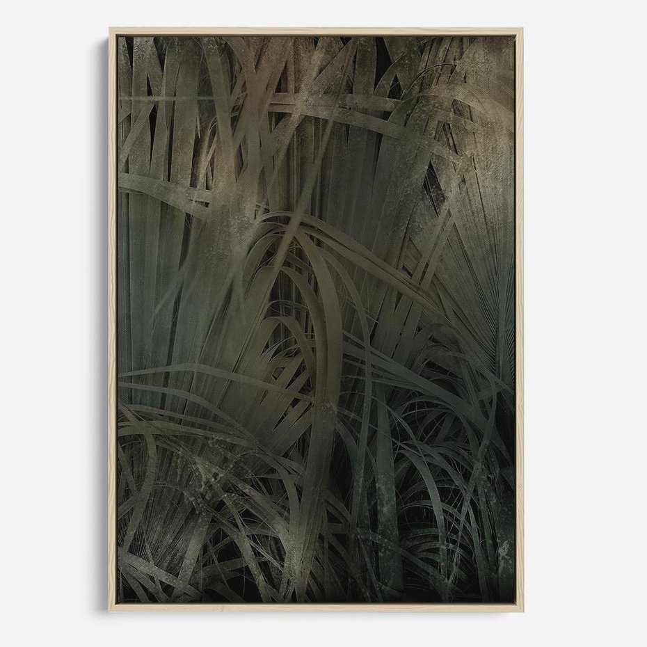 Obraz w ramie 50x70 - Światło w mroku duszy - liście traw, mroczny klimat - rama drewno
