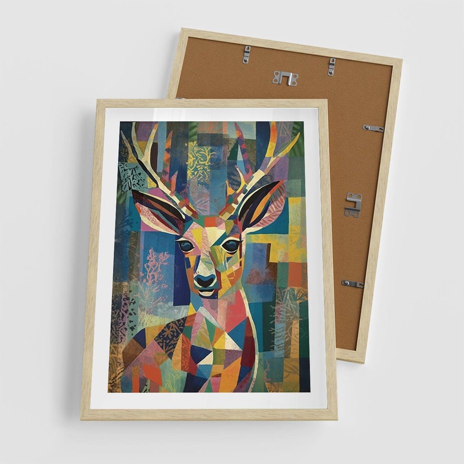 Plakat w ramie 50x70 - Bezgraniczne Kontury Zaskoczenia - abstrakcyjny obraz olejny, jeleń - rama drewno