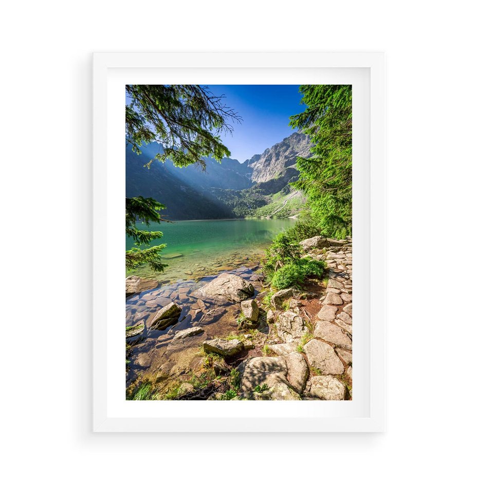 Plakat w ramie 50x70 - Mistyczna Przyroda - góry, jezioro - rama biała