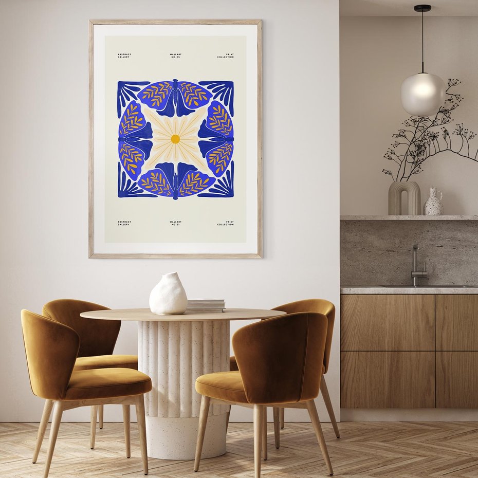 Plakat w ramie 30x40 - Księga Abstrakcji - abstrakcyjna boho kompozycja, granatowe ćmy - rama drewno