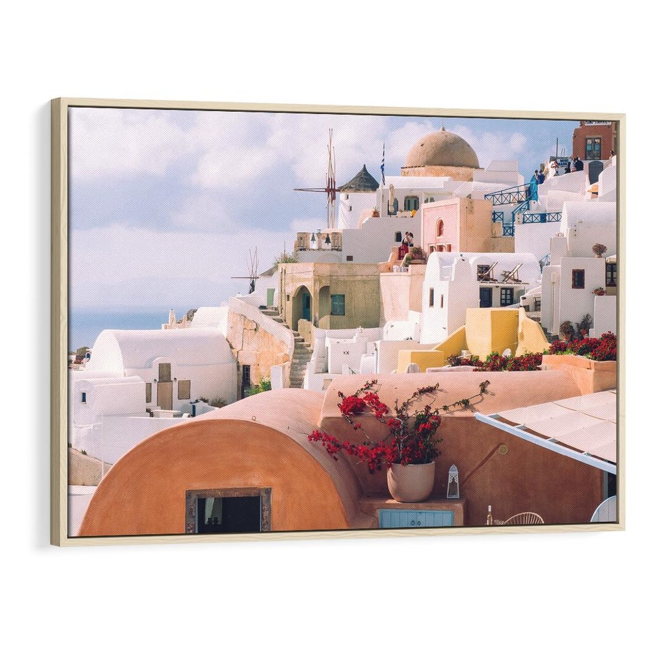 Obraz w ramie 70x50 - Błękit Morza i Białe Domki - Santorini, wyspa - rama drewno