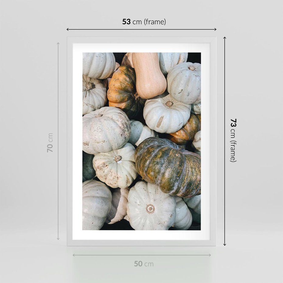 Plakat w ramie 50x70 - Minimalizm Jesieni - dynie, białe - rama biała