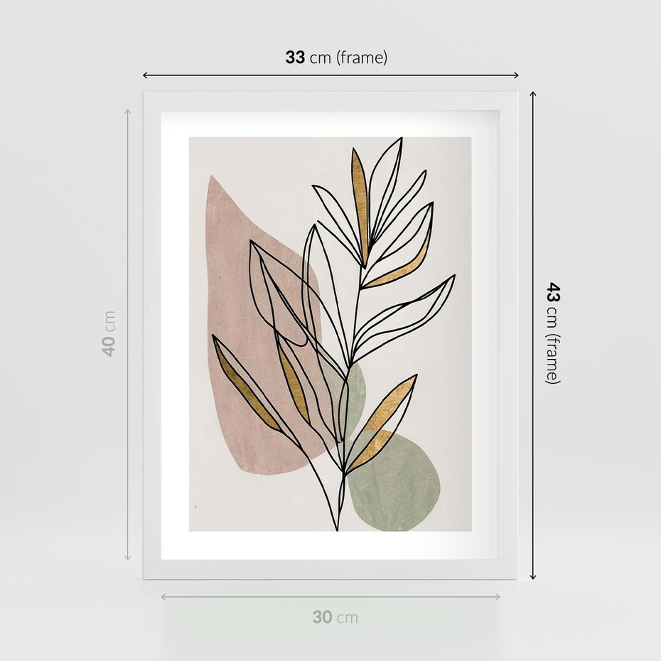 Plakat w ramie 30x40 - Impulsy Subtelnej Harmonii - abstrakcyjny obraz boho, liście - rama biała