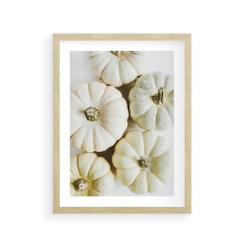 Plakat w ramie 40x50 - Jesienne Dynie: Delikatna Kompozycja - białe dynie, jasna kompozycja - rama drewno