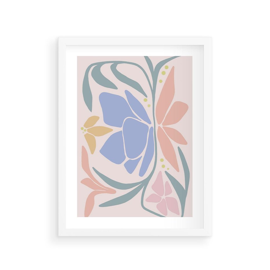 Plakat w ramie 30x40 - Pastele Kwiatowych Plam - pastelowe kwiaty, na beżowym tle - rama biała