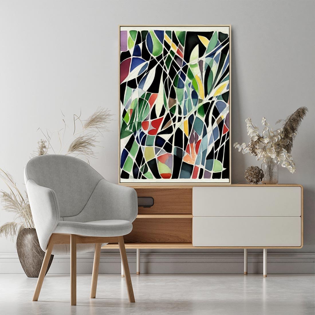 Obraz w ramie 70x100 - Taniec Plam i Kształtów - abstrakcyjny akwarelowy obraz, plamy - rama drewno