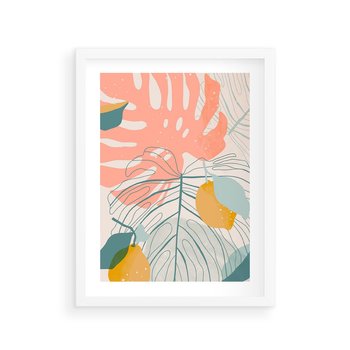 Plakat w ramie 30x40 - Sztuka Natury: Liście Monstery w Pastelach - nowoczesna grafika, pastelowe liście monstery - rama biała