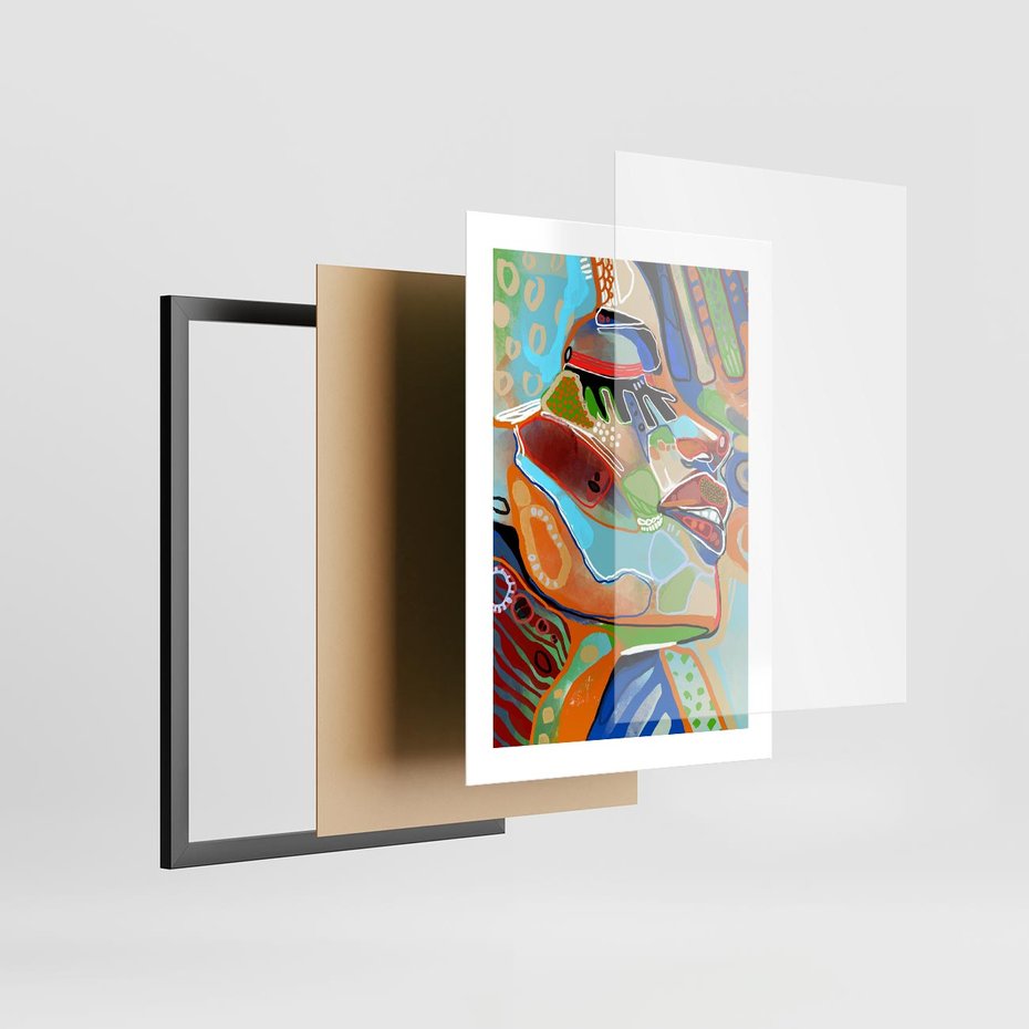 Plakat w ramie 30x40 - Kolorowe Wnętrza Kształtów - abstrakcyjny portret kobiety, twarz - rama czarna