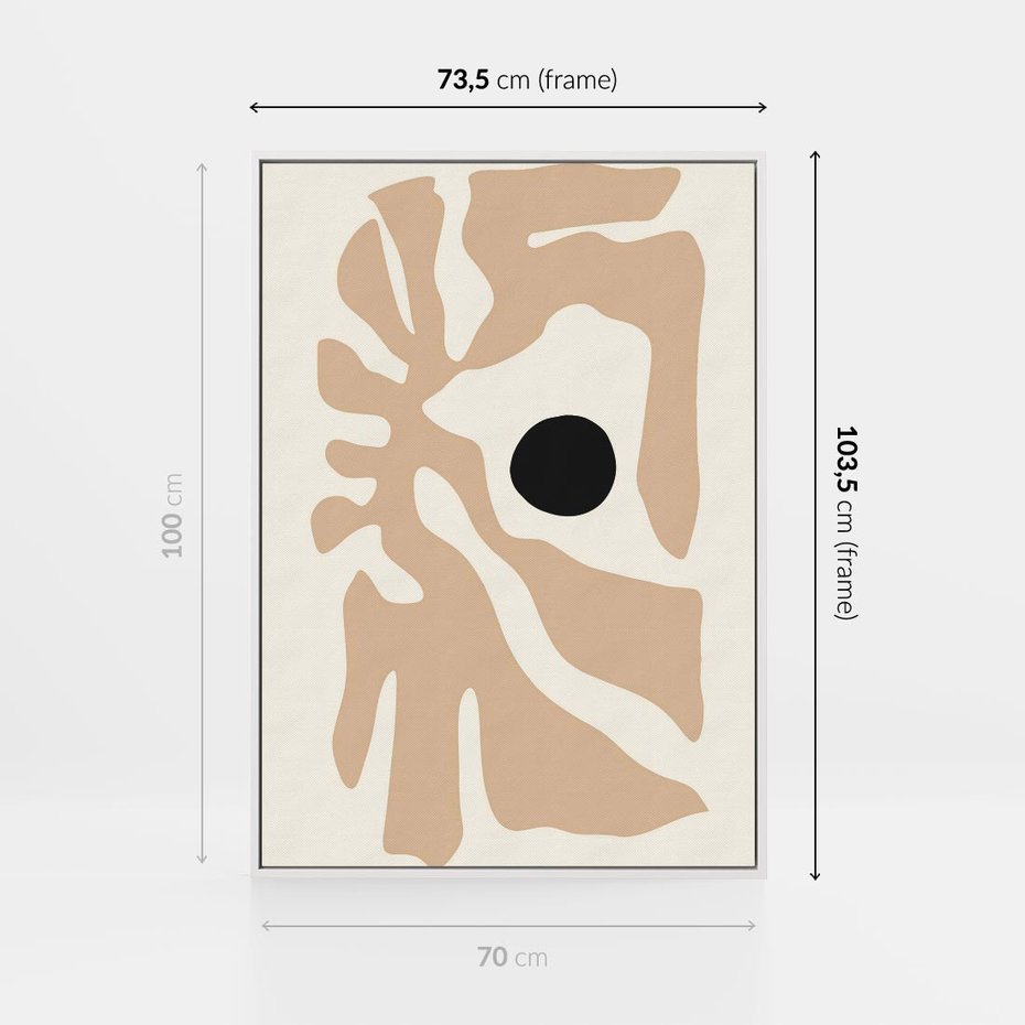 Obraz w ramie 70x100 - Eksploracja Abstrakcji - beżowa absrakcyjna kompozycja, czarny akcent - rama biała