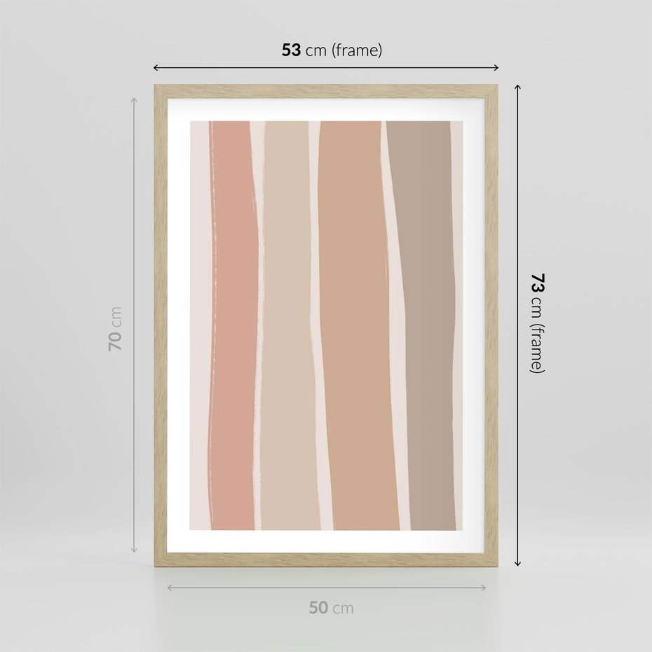 Plakat w ramie 50x70 - Tęczowa Zgaszona Aura - abstakcyjne tęczowe pasy, delikatne odcienie beżu - rama drewno