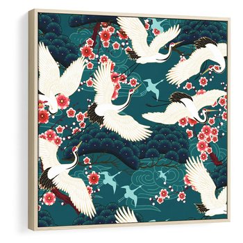 Obraz w ramie 50x50 - Żurawie Wachlarze - orientalne japońskie żurawie, grafika - rama drewno