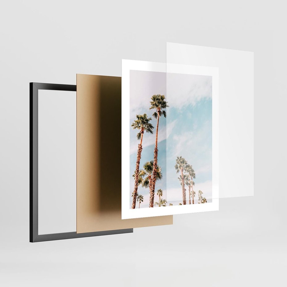 Plakat w ramie 40x50 - Tropikalna Sielskość: Palmy i Błękitne Niebo - palmy na tle błękitnego nieba - rama czarna