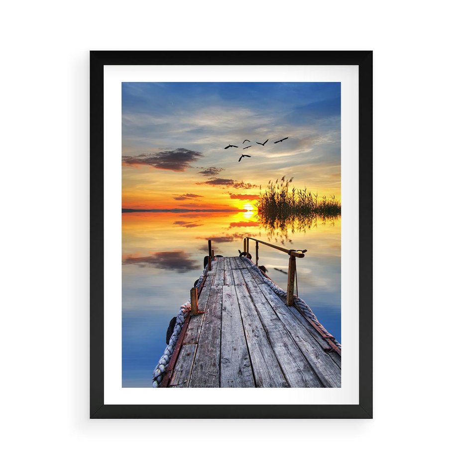 Plakat w ramie 50x70 - Zachód słońca na pomostach - zachód, słońca - rama czarna
