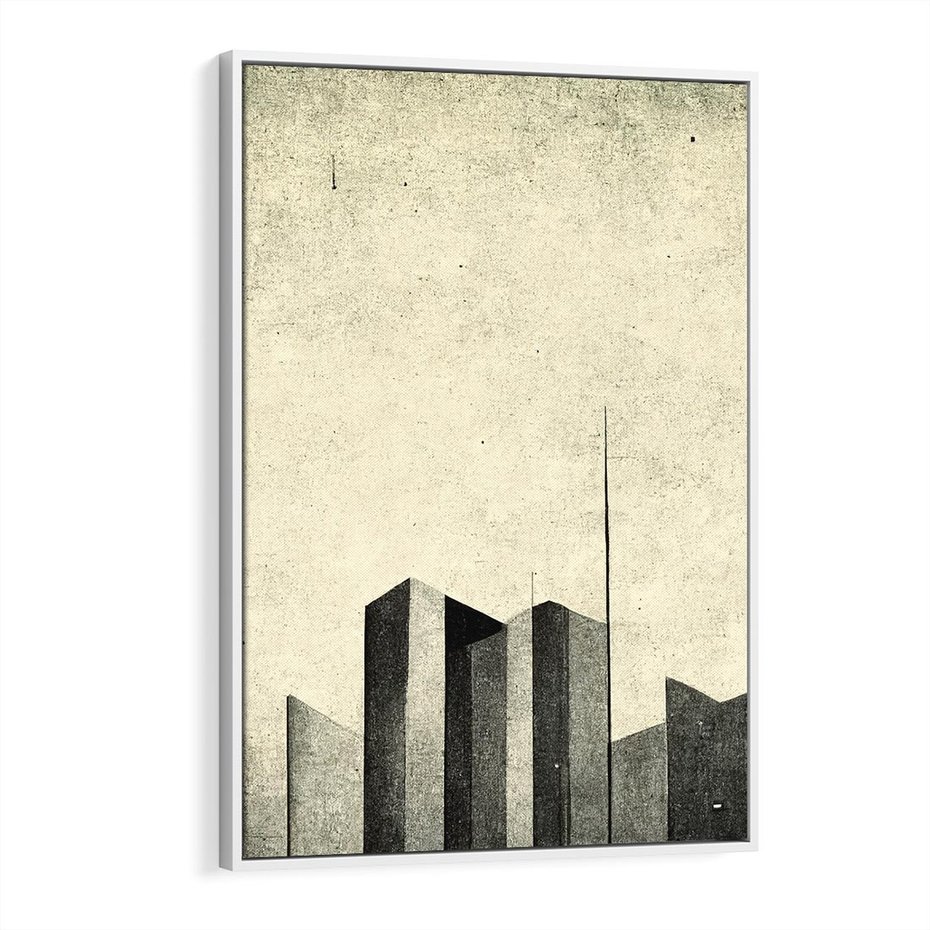 Obraz w ramie 70x100 - Mroczne Wieżowce - postarzana grafika, perspektywa budynków wieżowców - rama biała