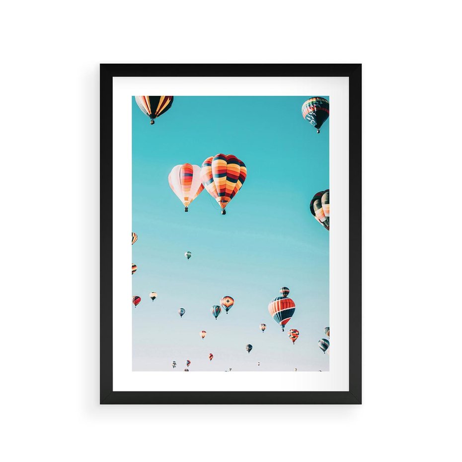 Plakat w ramie 30x40 - Balonowa Ekscytacja - balony latają w powietrzu, wyścigi balonów - rama czarna