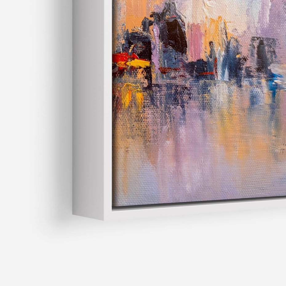 Obraz w ramie 80x80 - Miasto Refleksji - olejna panorama miasta w oddali, wiezowce odbijają się w rzece - rama biała