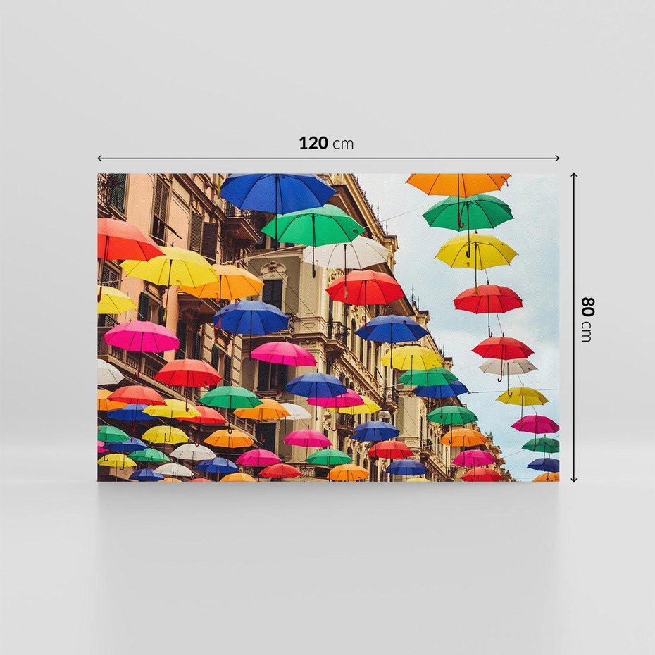 Obraz na płótnie 120x80 - Barwna symfonia wyobraźni - fotografia, kolorowe parasolki podwieszone nad ulicą