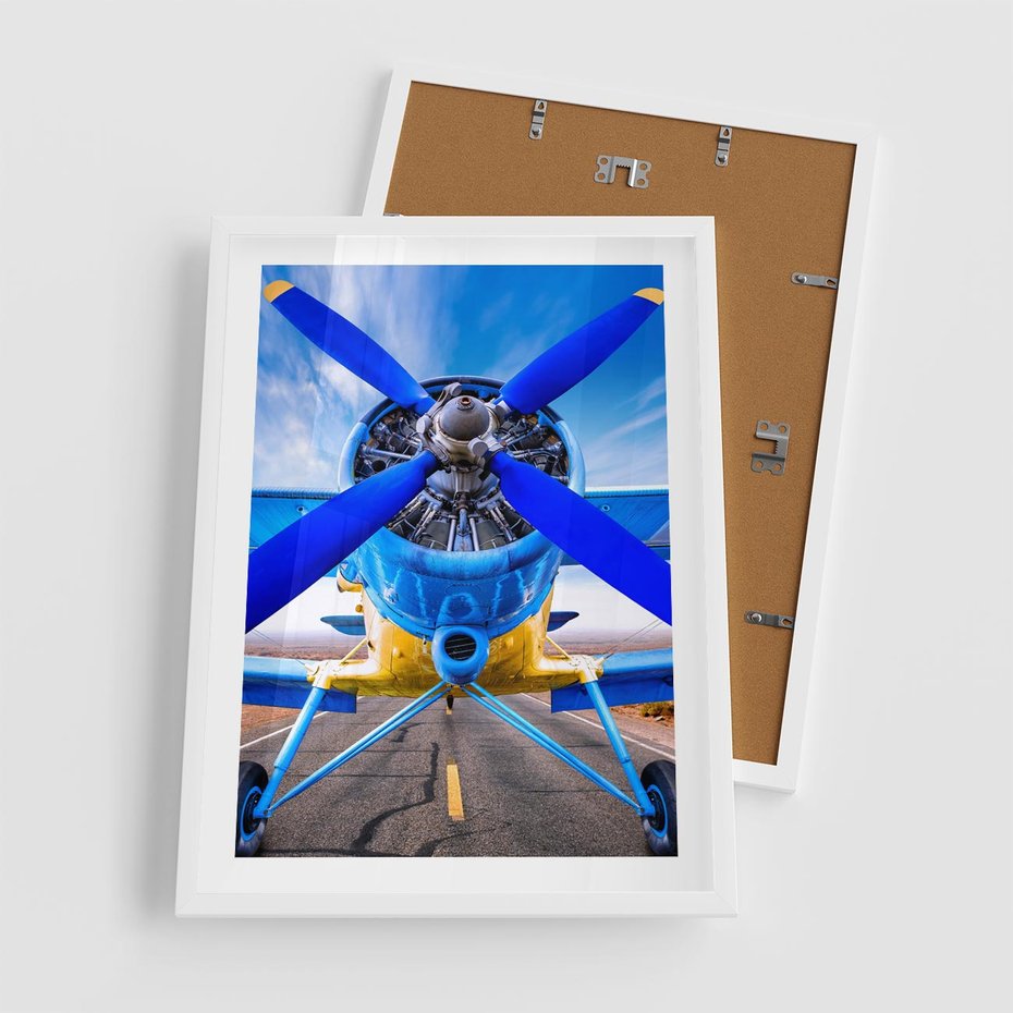 Plakat w ramie 50x70 - Śmigłowiec indygo - samolot, śmigło - rama biała