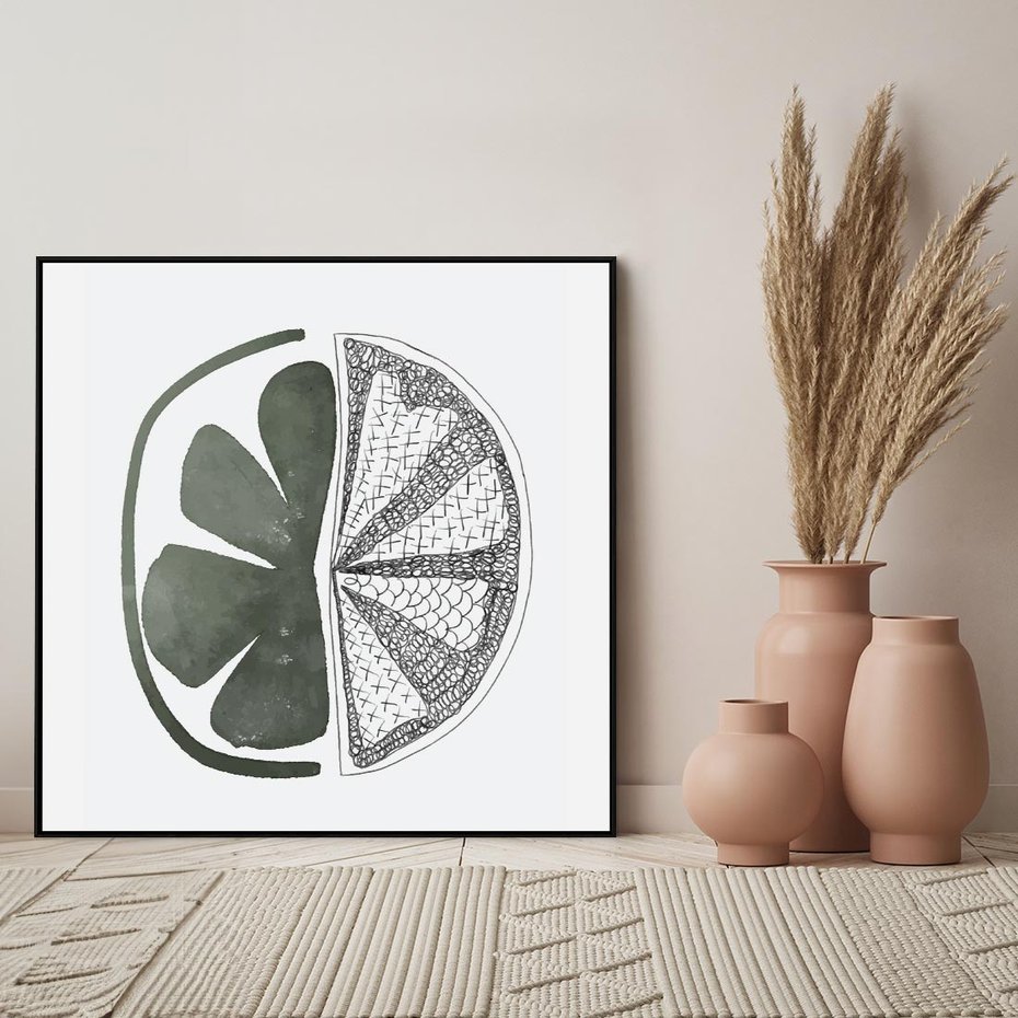 Obraz w ramie 50x50 - Cytrynowe Echo - minimalistyczny plakat, cytryna - rama czarna