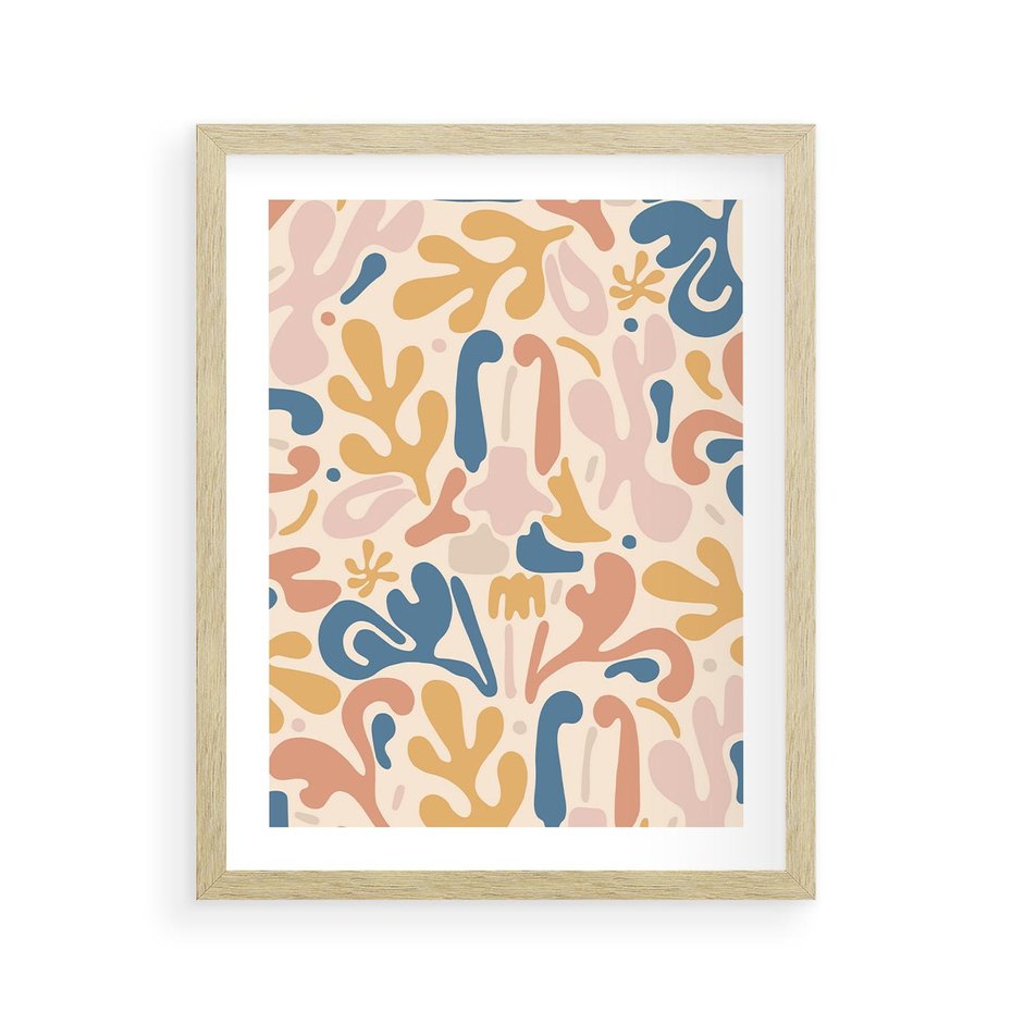 Plakat w ramie 40x50 - Symfonia Radosnych Barw - abstrakcyjne pastelowe formy, nowoczesna grafika w stylu boho - rama drewno