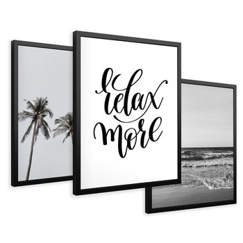 Zestaw obrazy w ramie 50x70 galeria - Plaża, palmy, relaks, typografia - rama czarna