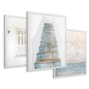 Zestaw obrazy w ramie 50x70 galeria - Turkus, Grecja, schody, okiennice - rama biała