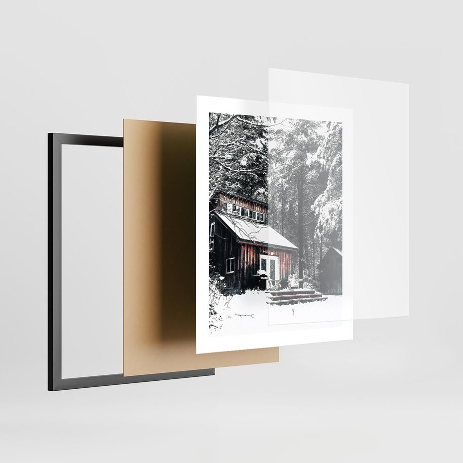 Plakat w ramie 40x50 - Zimowy Urok Drewnianego Domku - zima, drewniany domek - rama czarna