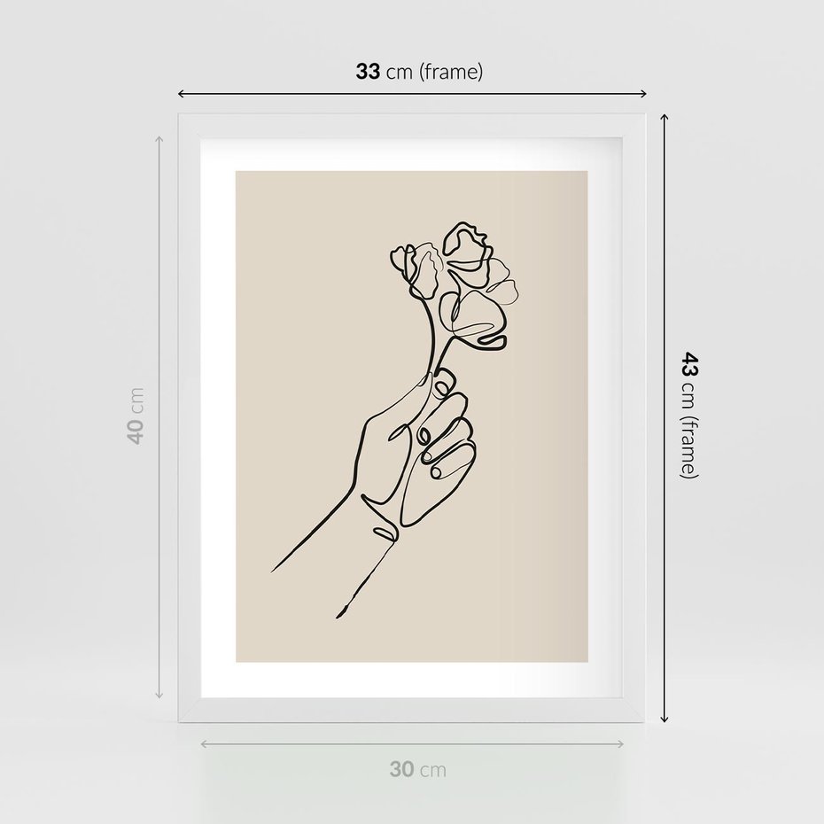 Plakat w ramie 30x40 - Szkic Kwiatu - kwiat w dłoni, szkic - rama biała