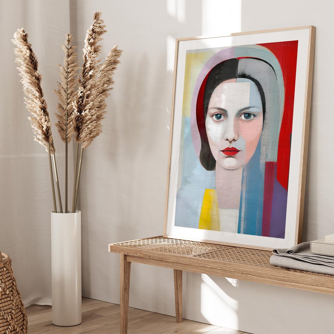 Plakat w ramie 50x70 - Kolorowe Granice Form - abstrakcyjny obraz olejny, portret twarzy kobiety - rama drewno