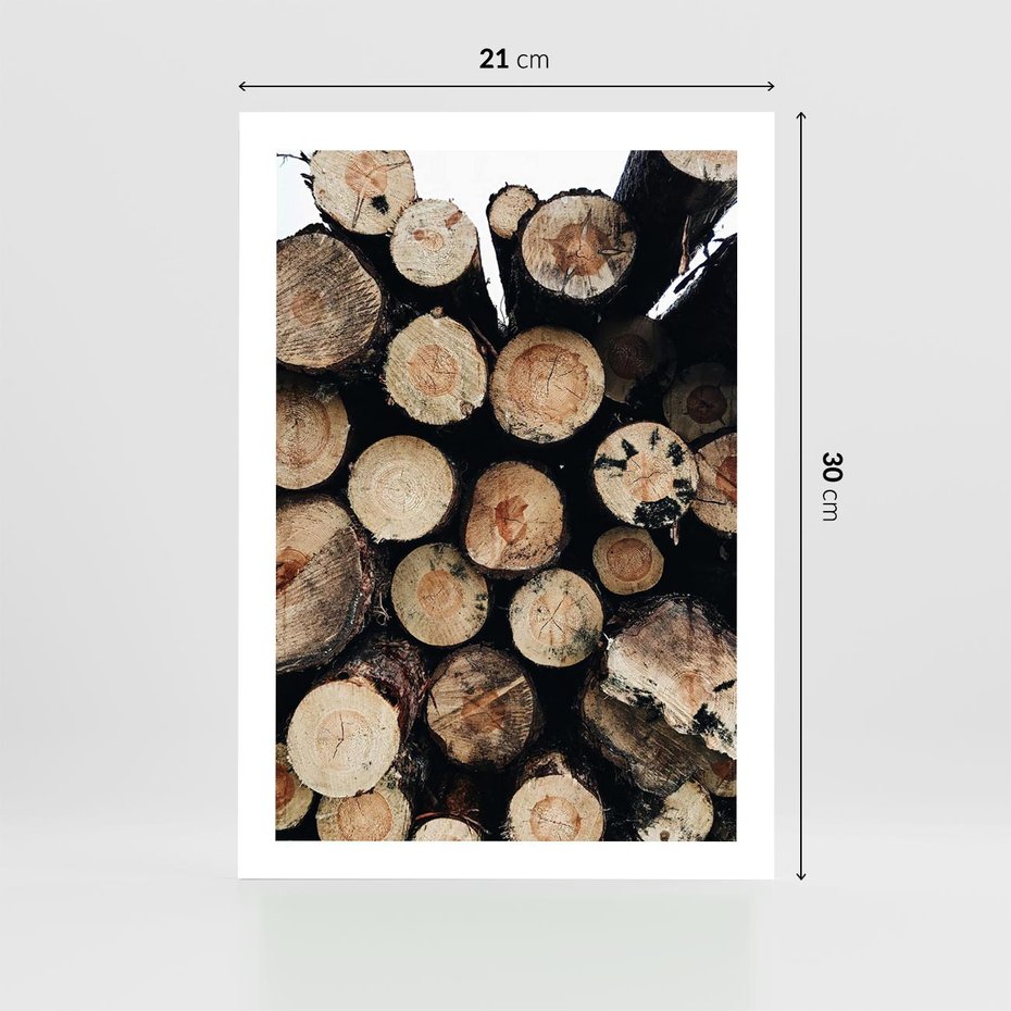 Plakat bez ramy 21x30 - Siła Drewna - ścięte drewno, belki drewna ułożone jedna na drugiej