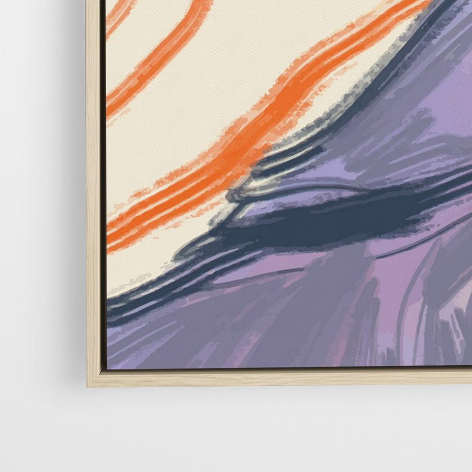Obraz w ramie 80x120 - Pokreślony Świat - abstrakcyjne formy, odcienie pomarańczu i fioletu - rama drewno
