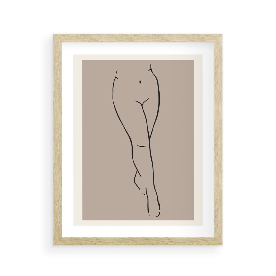 Plakat w ramie 40x50 - Intrygujące Szkice - mnimalistyczny akt kobiecy, beżowa tonacja - rama drewno