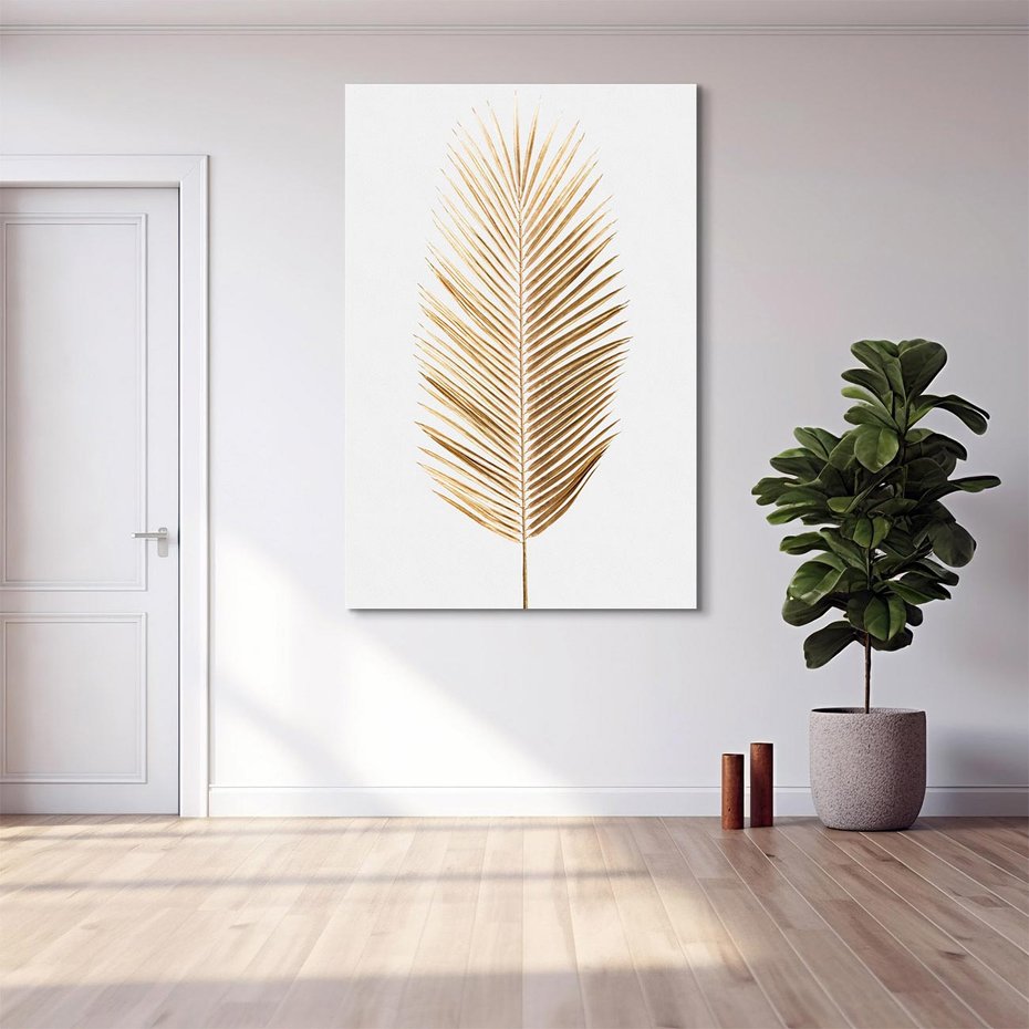 Obraz na płótnie 70x100 - Złoty blask palmowego liścia - złota, palma