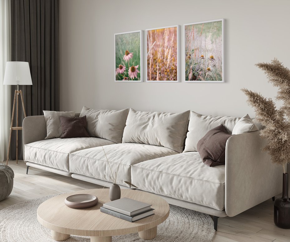 Zestaw obrazy w ramie 30x40 galeria - Kwiaty, łąka, suche, trawy - rama biała