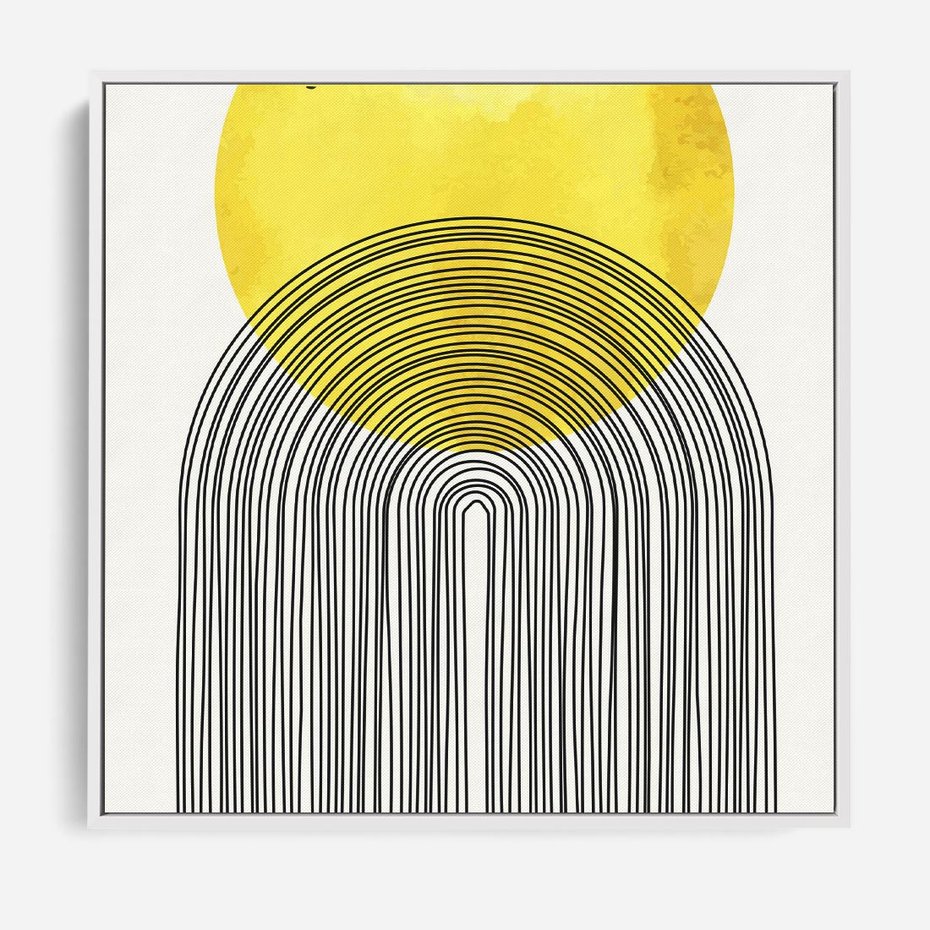 Obraz w ramie 80x80 - Słoneczne Odbicia - geometria, żółte koło - rama biała