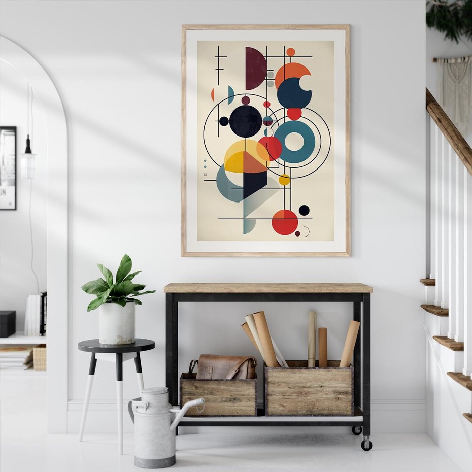 Plakat w ramie 40x50 - Rozbijające Barwne Granice - abstrakcyjna geometryczna kompozycja, koła linie - rama drewno