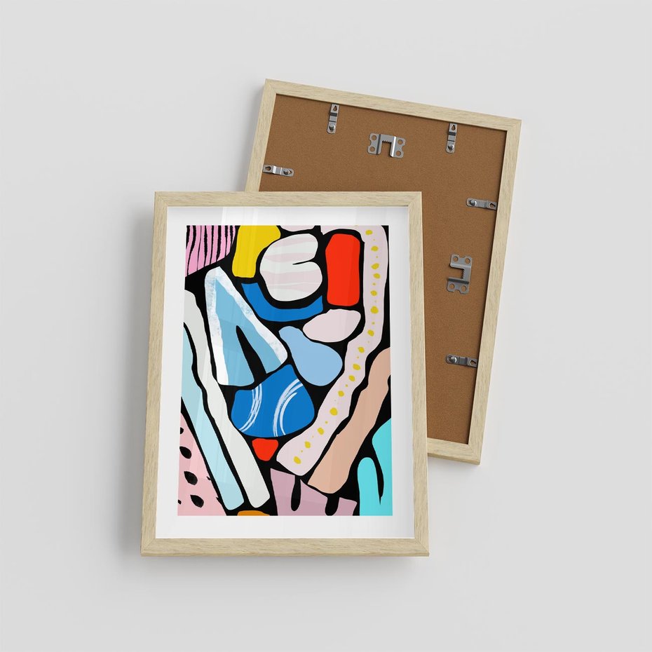 Plakat w ramie 30x40 - Kolory Na Czerni - abstrakcyjne formy, komiksowy styl - rama drewno