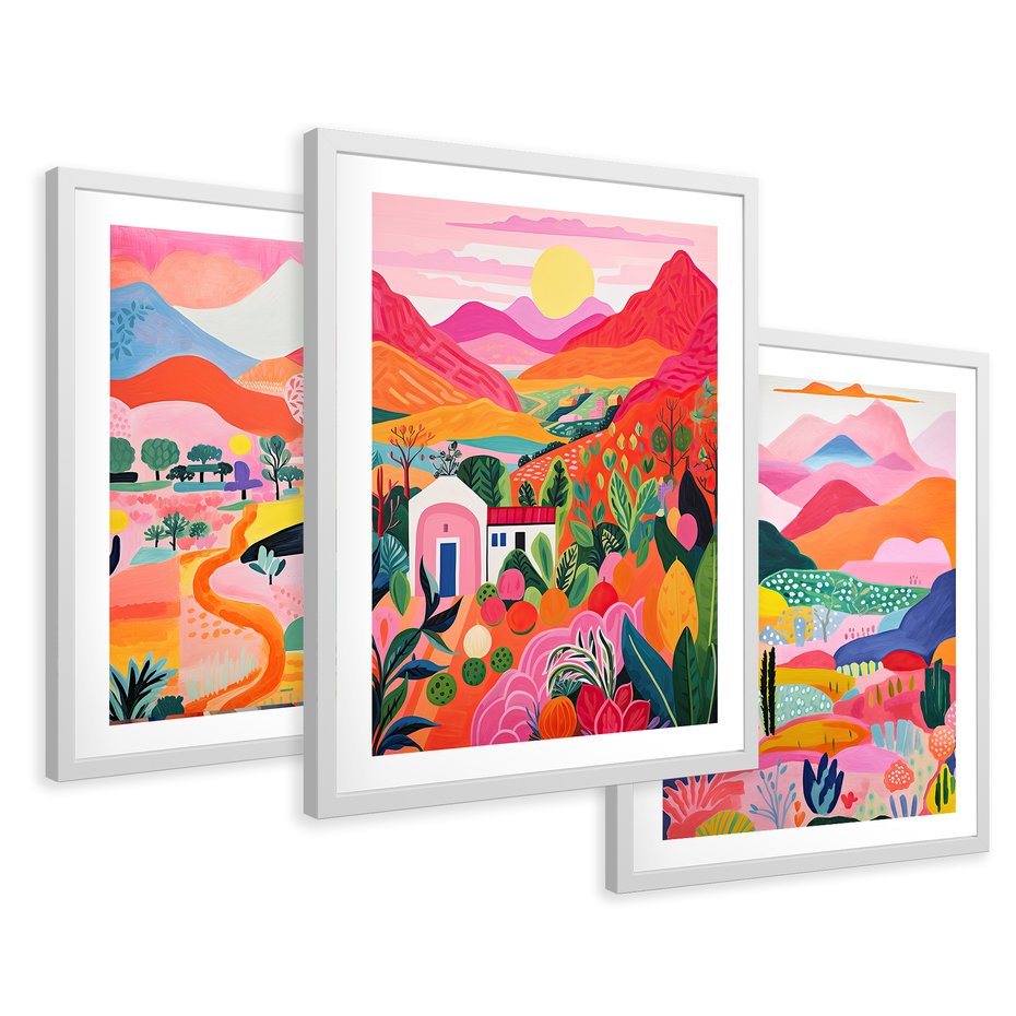 Zestaw obrazy w ramie 30x40 galeria - góry, pejzaż, krajobraz, boho - rama biała