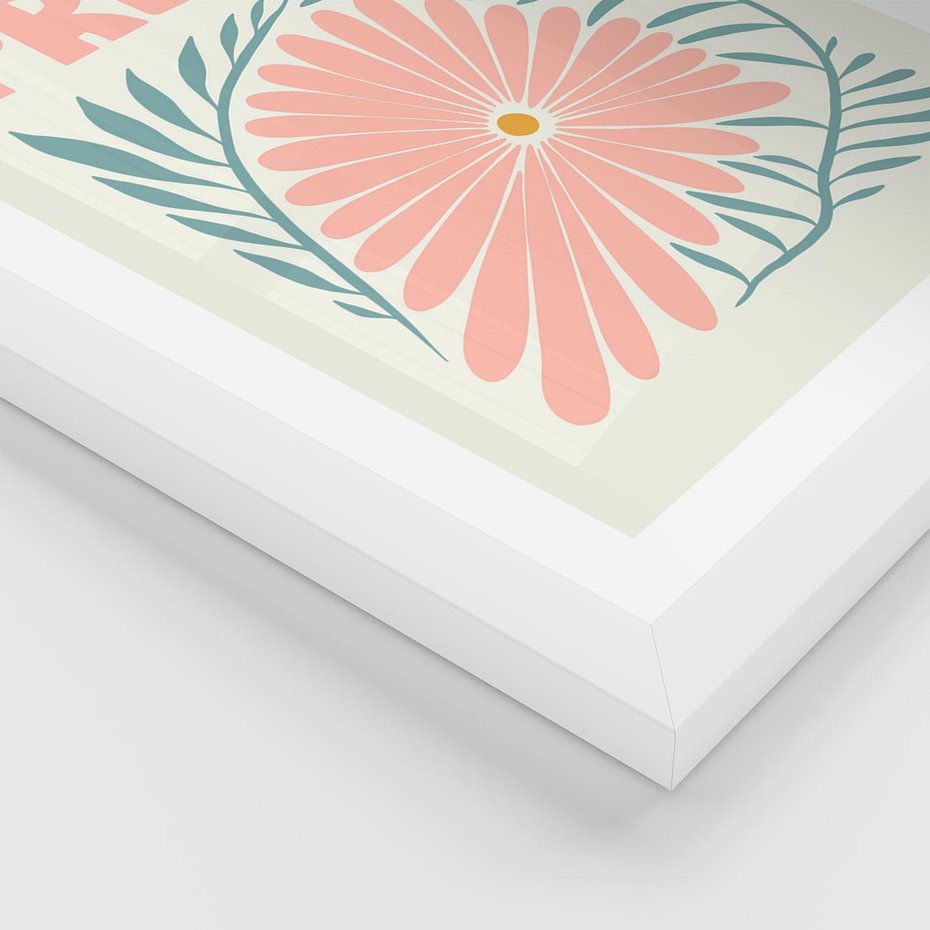 Plakat w ramie 50x70 - Symfonia Światła - typografia, pastelowa stokrotka - rama biała