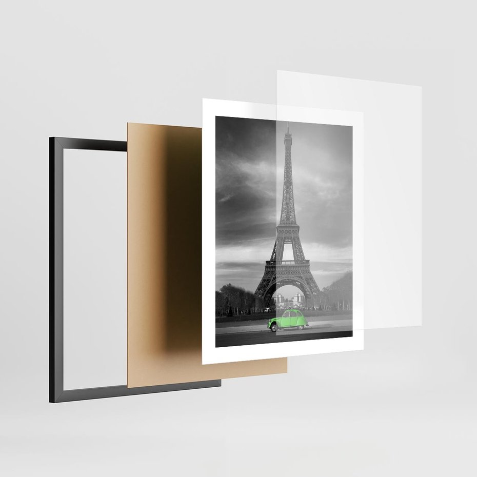 Plakat w ramie 40x50 - Paryskie Romantyczne Spotkanie - Eiffla, samochód - rama czarna