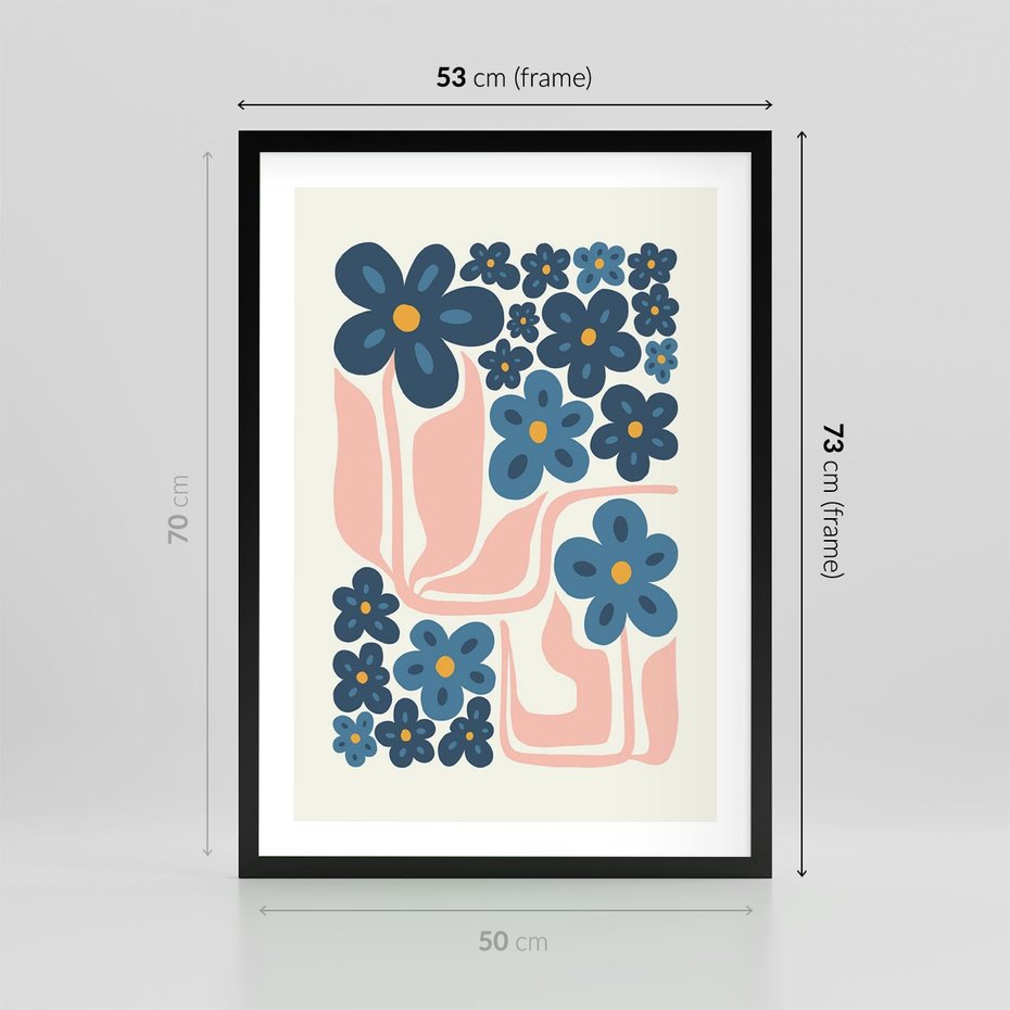 Plakat w ramie 50x70 - Niebieskie Refleksje - niebieskie kwiaty, niezapominajki - rama czarna