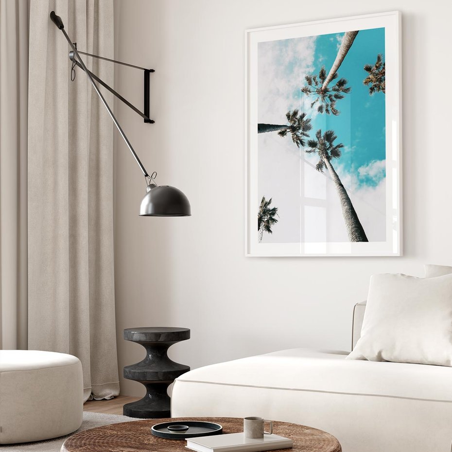 Plakat bez ramy 21x30 - Palmy w Gorącym Niebie - palmy, ujęcie z dołu