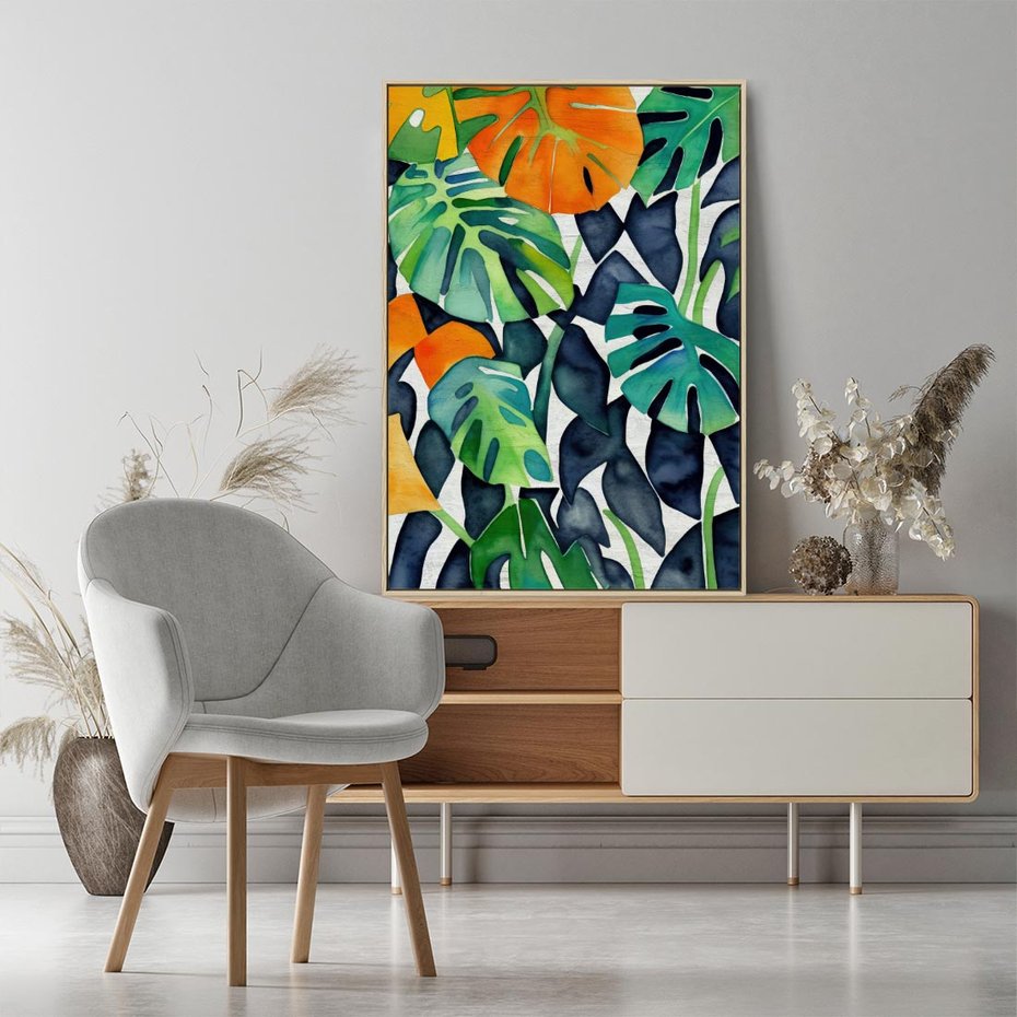 Obraz w ramie 50x70 - Tropikalne Pragnienia - akwarela, liście tropikalne - rama drewno