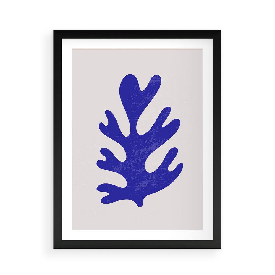 Plakat w ramie 50x70 - Przenikająca Struktura - boho plakat, niebieski liść w intensywnym kolorze - rama czarna