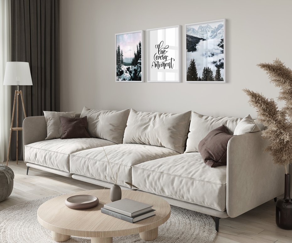 Zestaw obrazy w ramie 50x70 galeria - Motywacja, cytat, napis, góry - rama biała