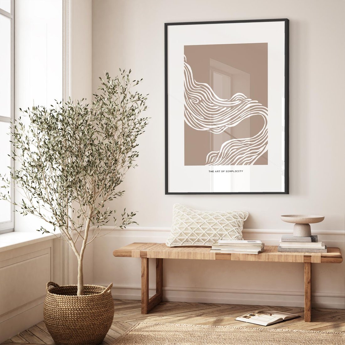 Plakat w ramie 50x70 - Harmonijne Granice - sztuka minimalizmu, biała rycina - rama czarna